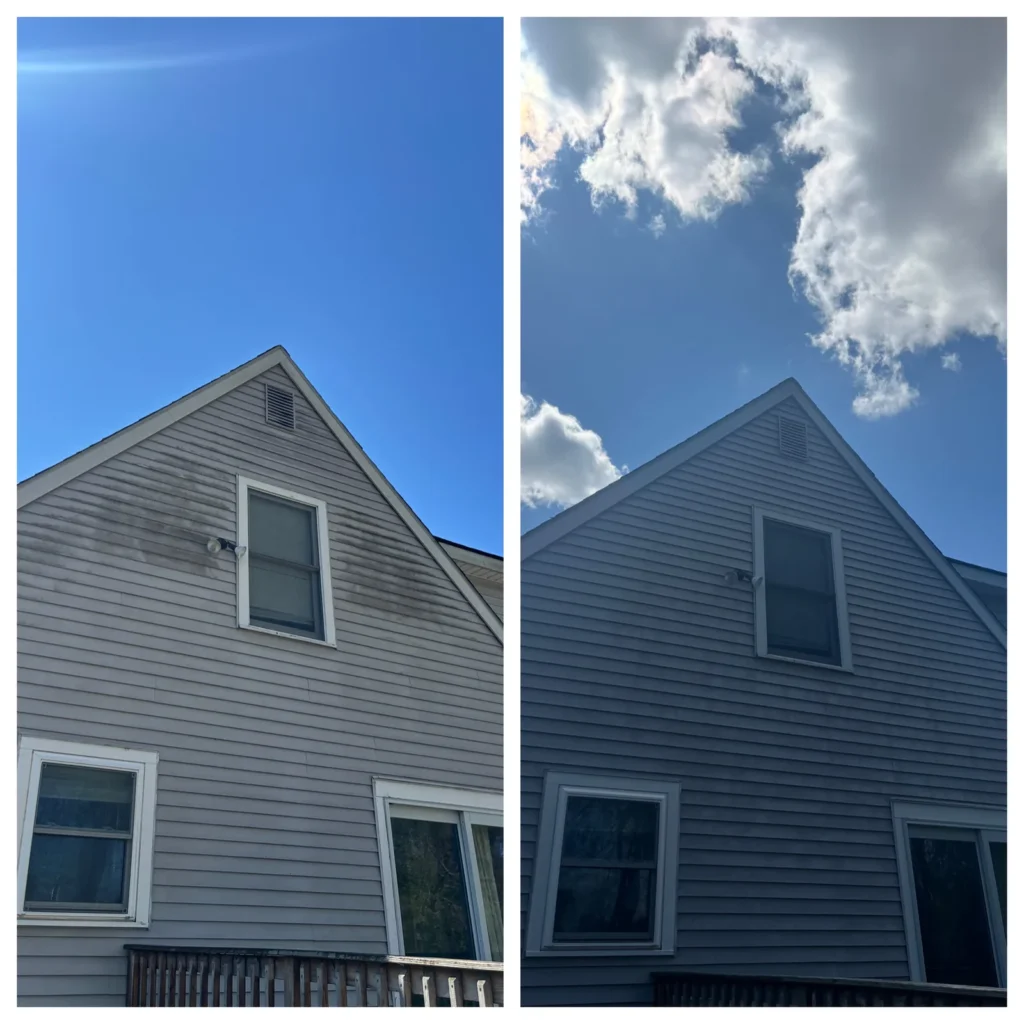 Vinyl siding gable before and after a soft wash
