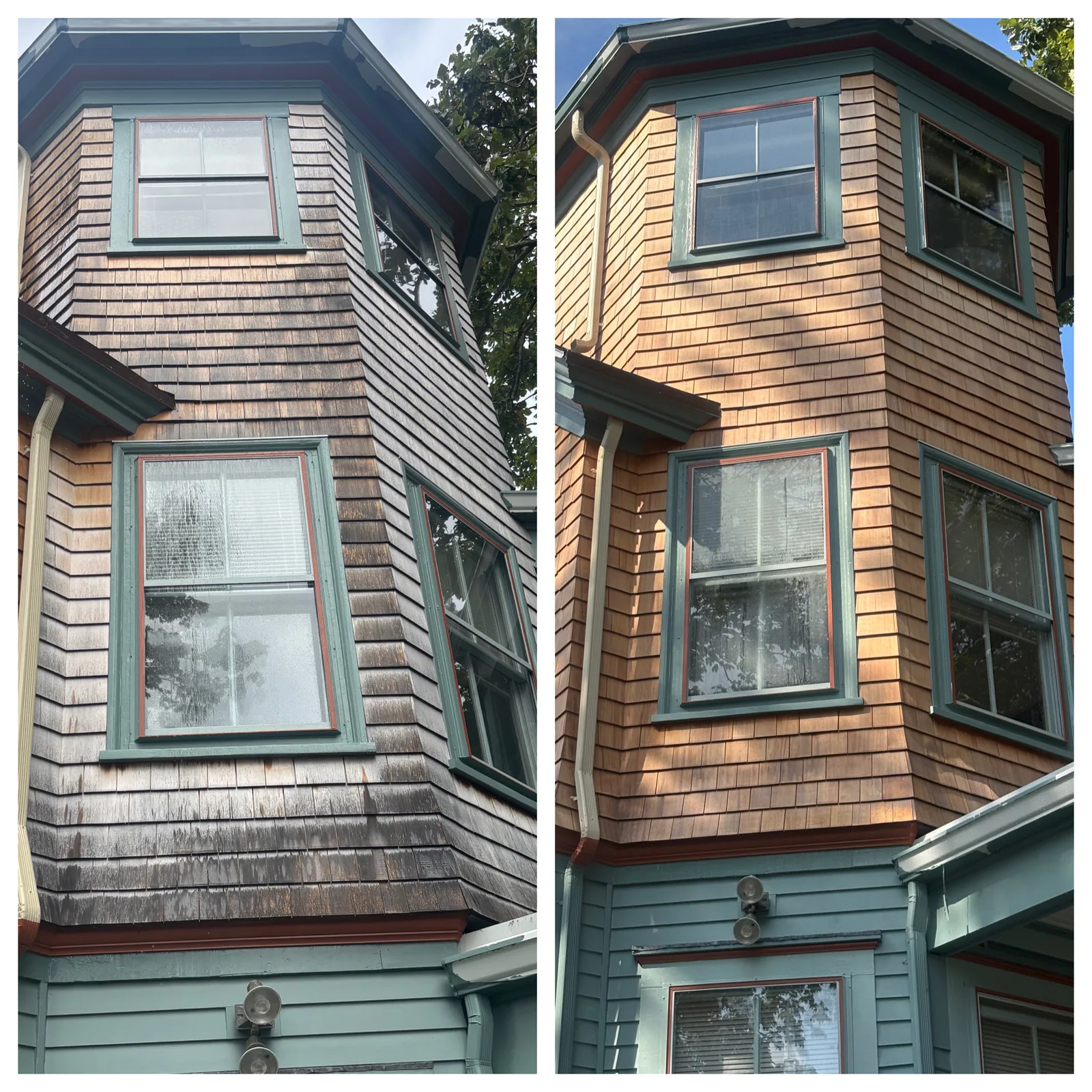Cedar shingle bay before and after house washing, grey weathering removed